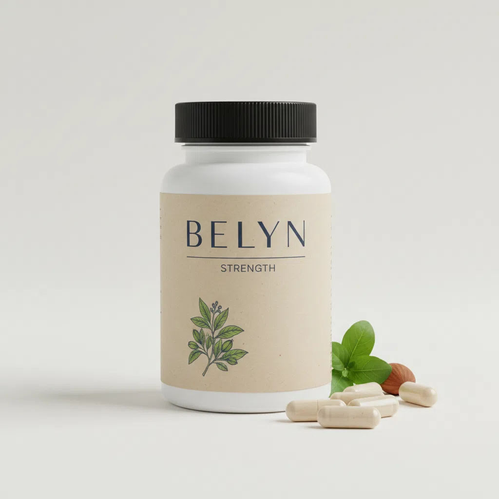 Belyn Strength -ravintolisäpurkki, 90 kapselia, mattalasinen purkki puisella kannella